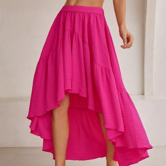 . Dresses & Skirts - Pink Boho Womens Solid High Low Ruffle Hem Skirt